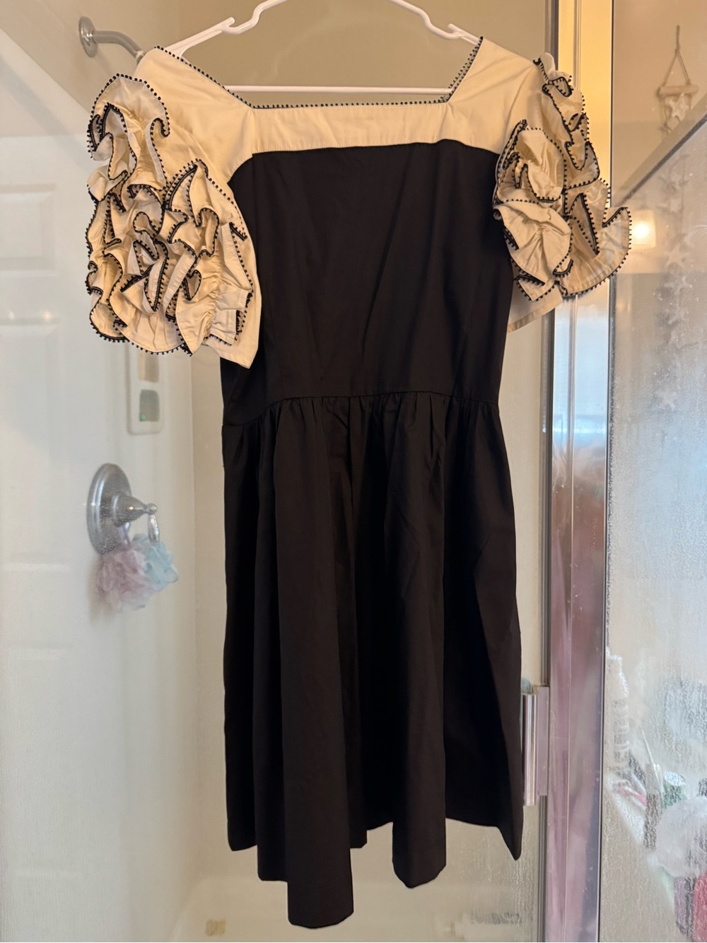 Black Midi Dress with Cream Ruffle Puff Sleeves